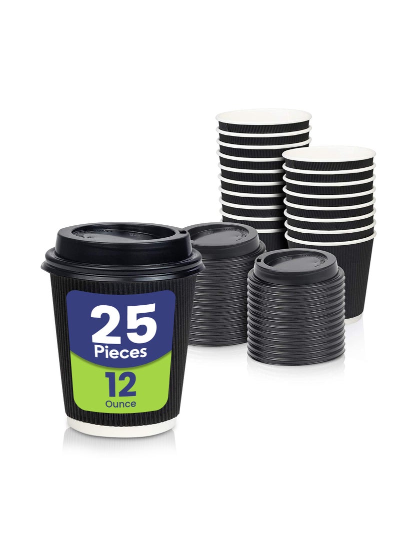 SNH Packing 12 Oz (Pack of 25) Black Ripple Disposable Cups With Lids - 3-Layered Corrugated Paper Cups - Disposable Coffee Cup for Hot & Cold Drinks - Perfect for Events & Parties - Image 1